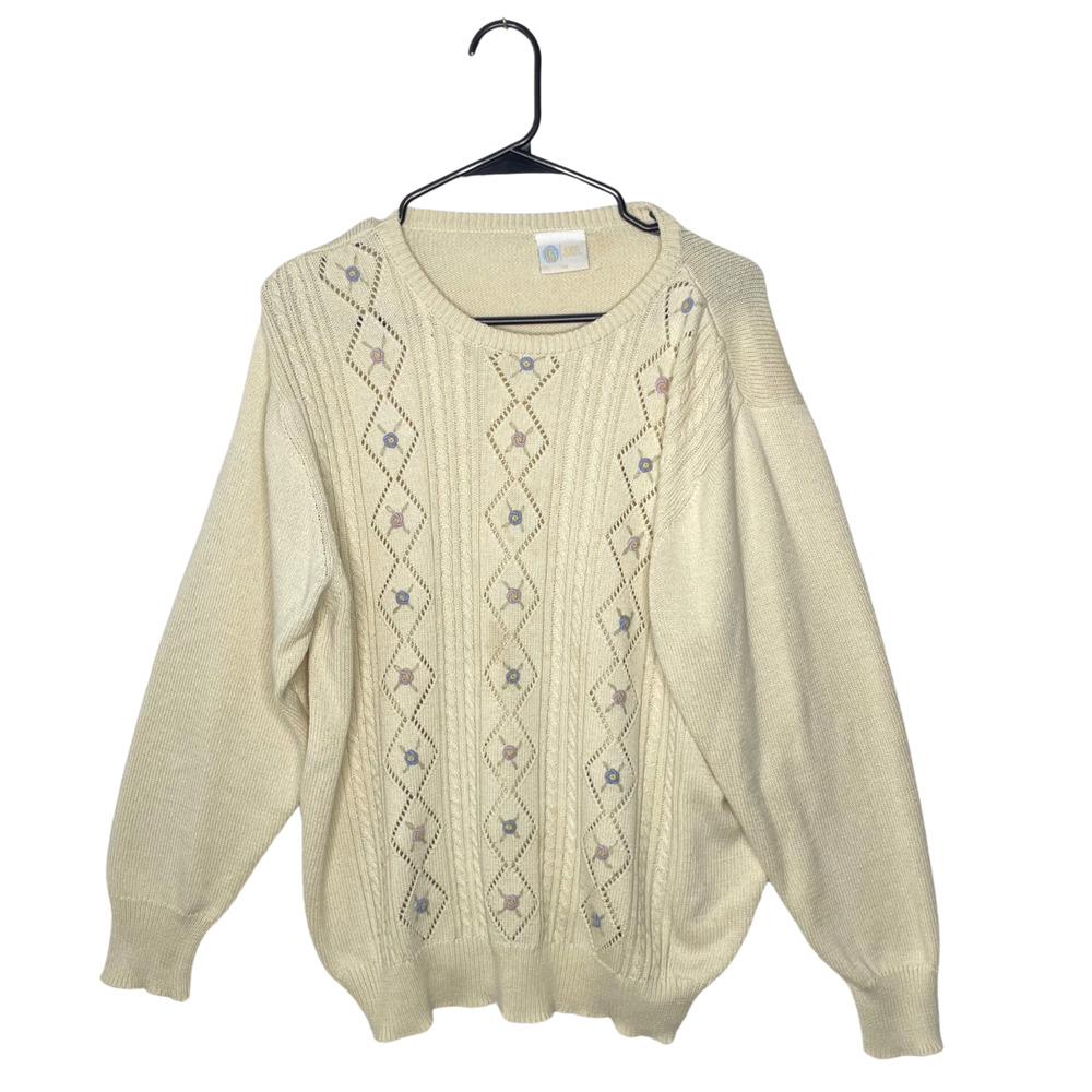 Vintage Women 3D Sweater‎ Sz 20 Cable Knit Cottage Core Pastel Flower Accents